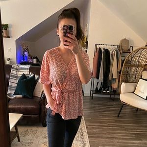 Pink and white floral printed blouse